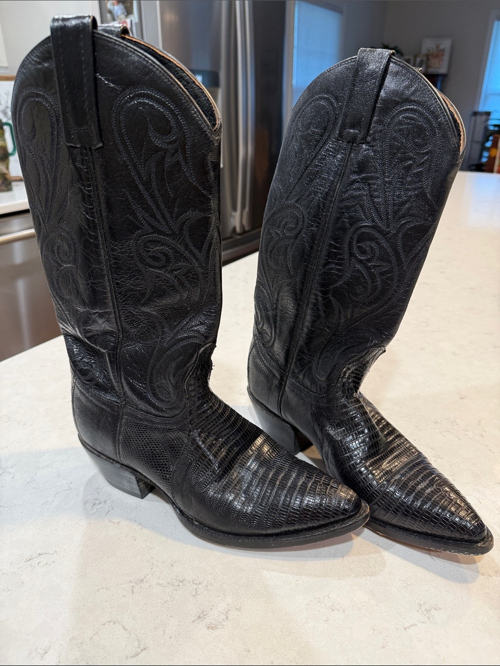 Vintage Dan Post 2450 Black Teju Lizard Skin Cowboy Boots J-Toe Unisex Size 7.5